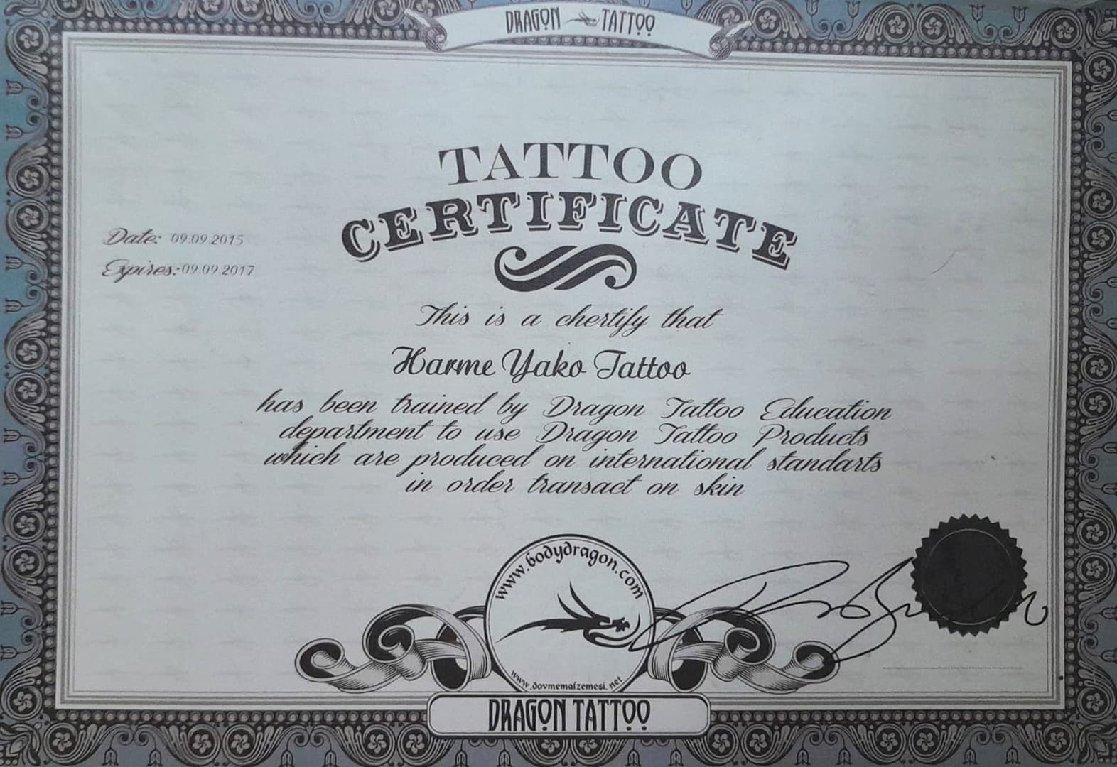 Dragon Tattoo eğitim sertifikası belgesi